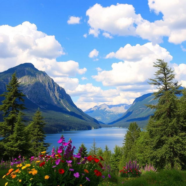 A beautiful landscape featuring a serene lake surrounded by mountains under a clear blue sky with fluffy white clouds