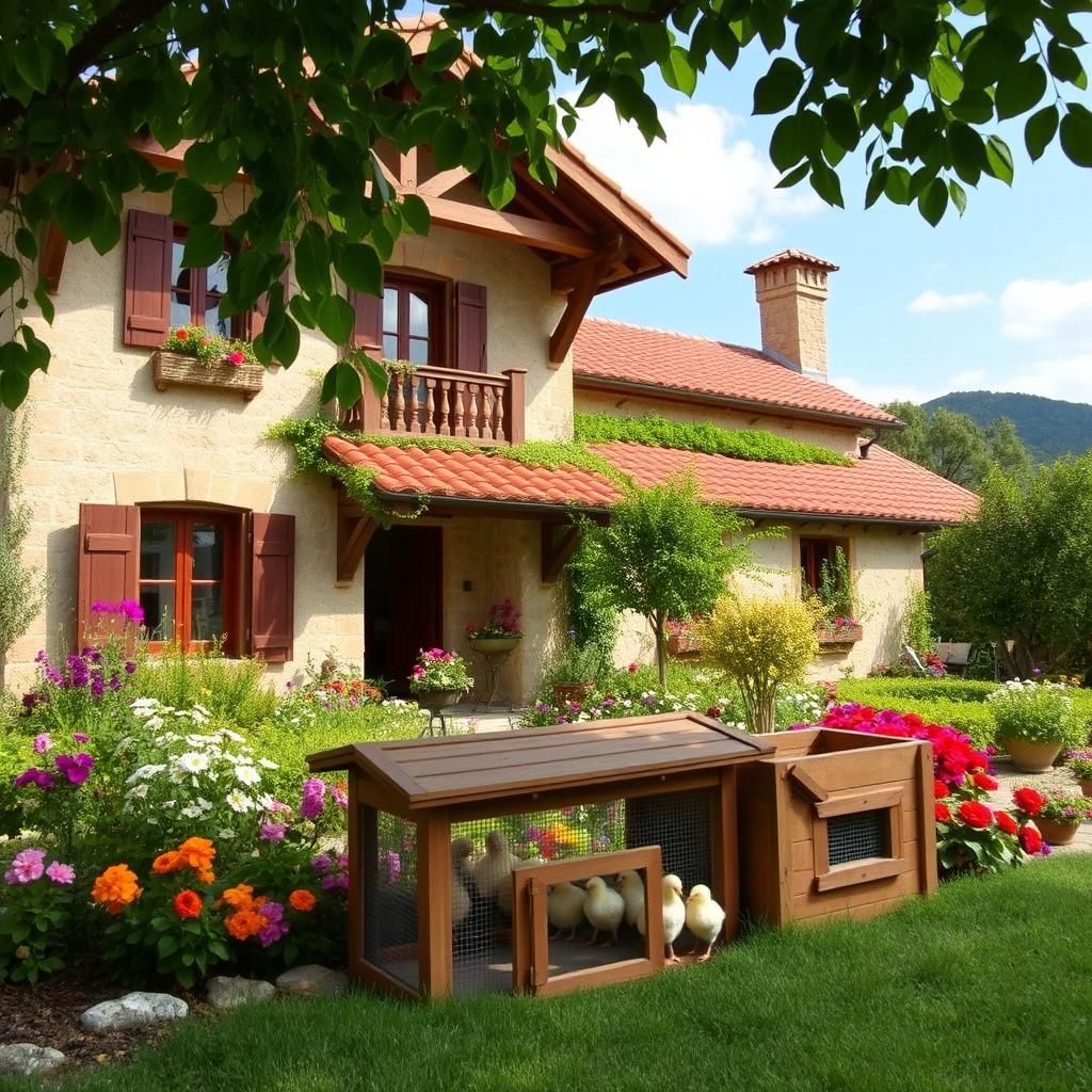 A beautiful villa with a charming rustic design, surrounded by lush greenery and colorful flowers