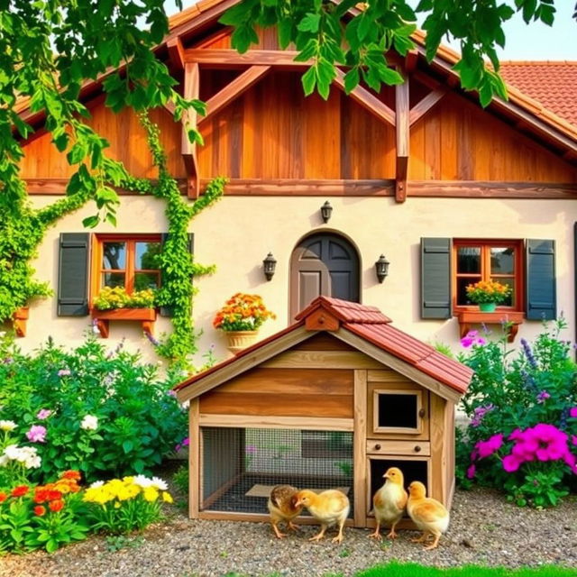 A beautiful villa with a charming rustic design, surrounded by lush greenery and colorful flowers