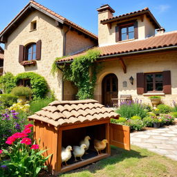 A beautiful villa with a charming rustic design, surrounded by lush greenery and colorful flowers