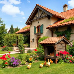 A beautiful villa with a charming rustic design, surrounded by lush greenery and colorful flowers