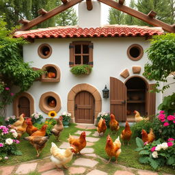 A picturesque villa designed specifically for chickens, featuring cozy nests, small doors, and a charming rustic style