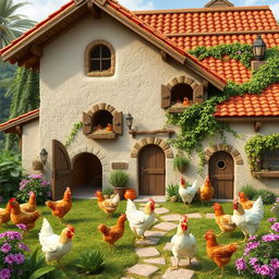 A picturesque villa designed specifically for chickens, featuring cozy nests, small doors, and a charming rustic style