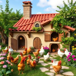 A picturesque villa designed specifically for chickens, featuring cozy nests, small doors, and a charming rustic style