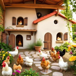 A picturesque villa designed specifically for chickens, featuring cozy nests, small doors, and a charming rustic style