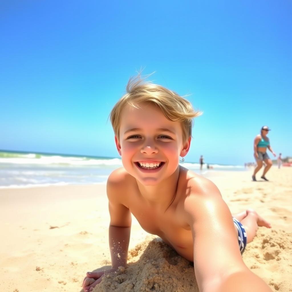 A young teen enjoying a sunny day at the beach, playing in the sand with a big smile