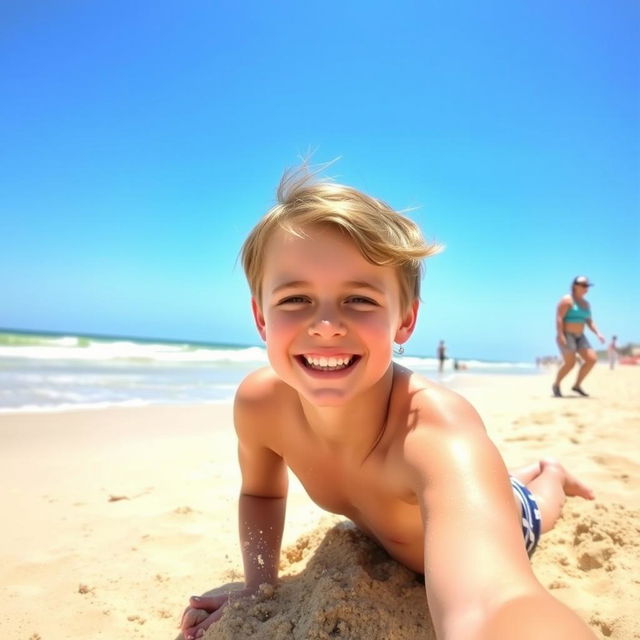 A young teen enjoying a sunny day at the beach, playing in the sand with a big smile