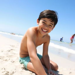 A young teen enjoying a sunny day at the beach, playing in the sand with a big smile