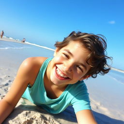 A young teen enjoying a sunny day at the beach, playing in the sand with a big smile