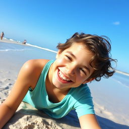 A young teen enjoying a sunny day at the beach, playing in the sand with a big smile