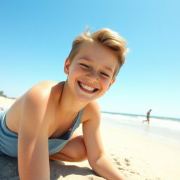 A young teen enjoying a sunny day at the beach, playing in the sand with a big smile