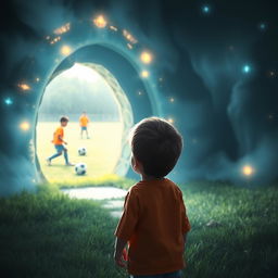 Un niño está de pie frente a un portal mágico, mirando con asombro