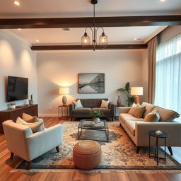 A beautifully decorated living room featuring modern furniture, elegant lighting, cozy rugs, and tasteful wall art