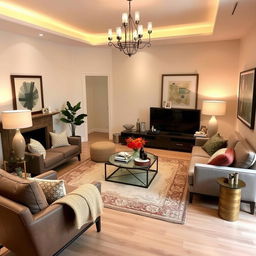 A beautifully decorated living room featuring modern furniture, elegant lighting, cozy rugs, and tasteful wall art