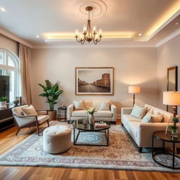 A beautifully decorated living room featuring modern furniture, elegant lighting, cozy rugs, and tasteful wall art