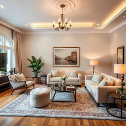 A beautifully decorated living room featuring modern furniture, elegant lighting, cozy rugs, and tasteful wall art