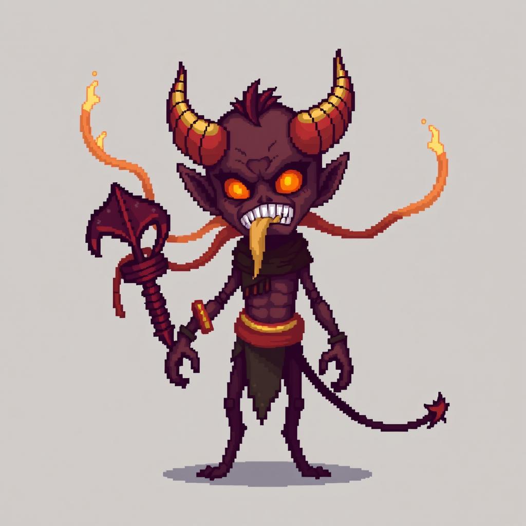 Create a character that is a devil with streamers around his neck, similar to the legend of 'El Tío de la Mina' from Bolivia's mines, in pixel art style