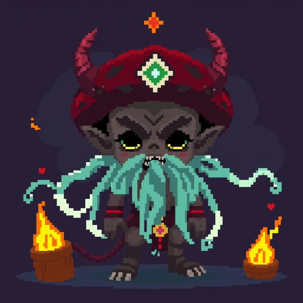 Create a character that is a devil with streamers around his neck, similar to the legend of 'El Tío de la Mina' from Bolivia's mines, in pixel art style