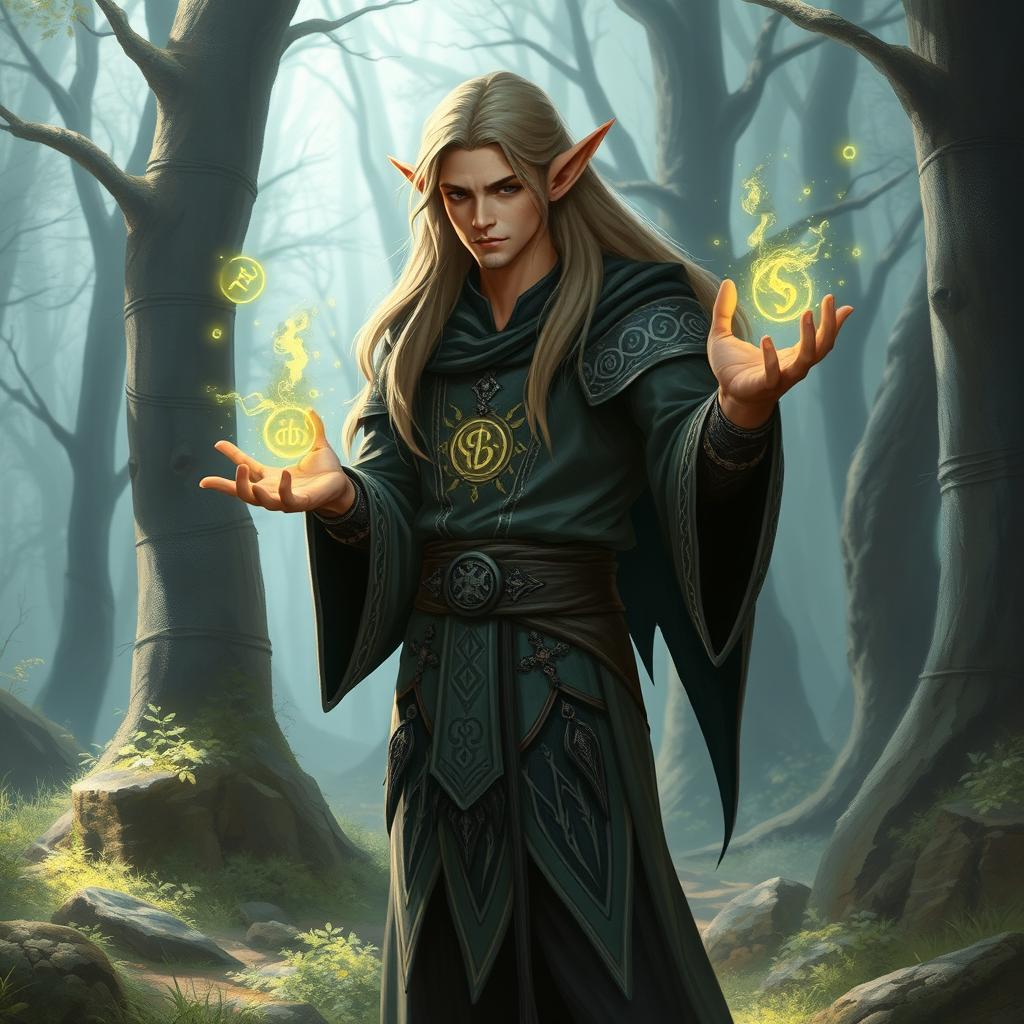 A half-elf sorcerer standing in an enchanted forest, casting a spell with glowing runes floating around them