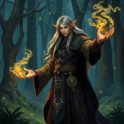 A half-elf sorcerer standing in an enchanted forest, casting a spell with glowing runes floating around them