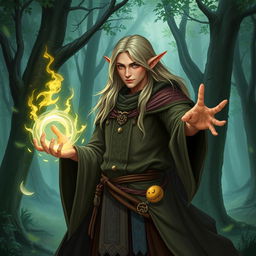 A half-elf sorcerer standing in an enchanted forest, casting a spell with glowing runes floating around them