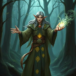 A half-elf sorcerer standing in an enchanted forest, casting a spell with glowing runes floating around them