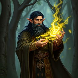 A half-elf sorcerer with black hair and a goat beard standing in an enchanted forest, casting a spell with glowing runes floating around them