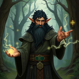 A half-elf sorcerer with black hair and a goat beard standing in an enchanted forest, casting a spell with glowing runes floating around them