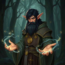 A half-elf sorcerer with black hair and a goat beard standing in an enchanted forest, casting a spell with glowing runes floating around them