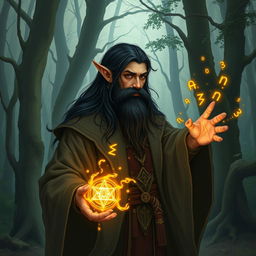 A half-elf sorcerer with black hair and a goat beard standing in an enchanted forest, casting a spell with glowing runes floating around them