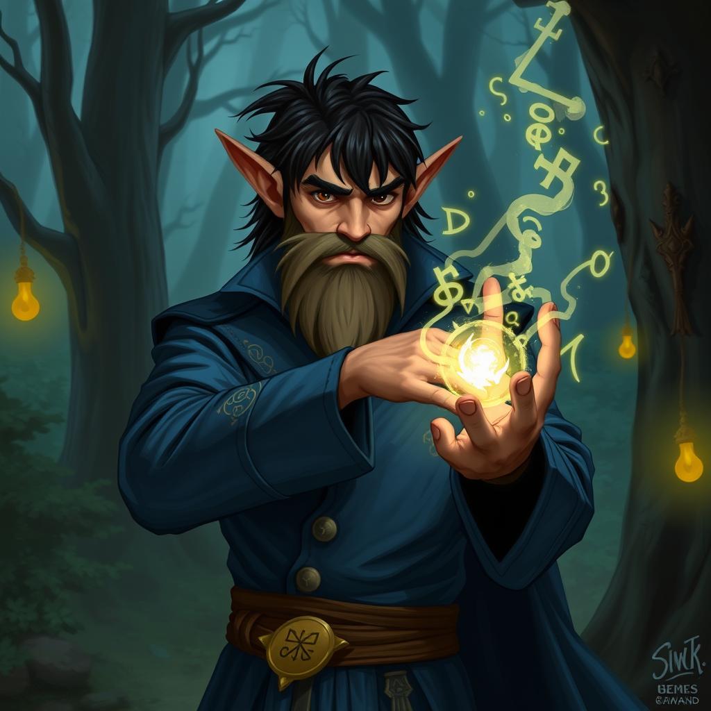 A half-elf sorcerer with black hair, a goat beard, and wearing a blue suit standing in an enchanted forest