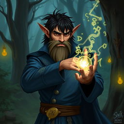 A half-elf sorcerer with black hair, a goat beard, and wearing a blue suit standing in an enchanted forest