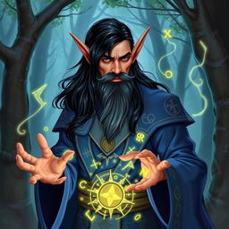 A half-elf sorcerer with black hair, a goat beard, and wearing a blue suit standing in an enchanted forest