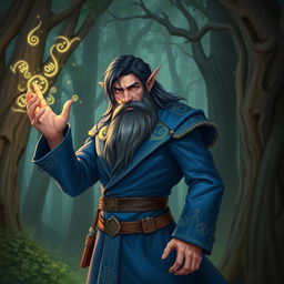 A half-elf sorcerer with black hair, a goat beard, and wearing a blue suit standing in an enchanted forest