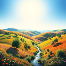 A vibrant and colorful landscape featuring rolling hills, a clear blue sky, and a bright sun shining down