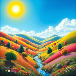 A vibrant and colorful landscape featuring rolling hills, a clear blue sky, and a bright sun shining down