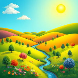 A vibrant and colorful landscape featuring rolling hills, a clear blue sky, and a bright sun shining down