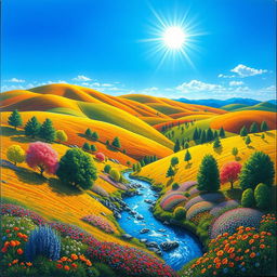 A vibrant and colorful landscape featuring rolling hills, a clear blue sky, and a bright sun shining down