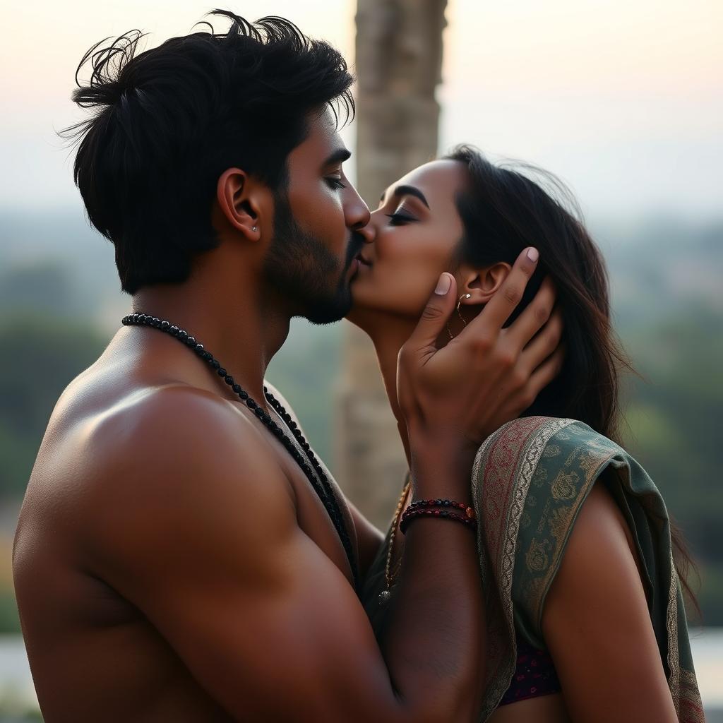 A shirtless Indian man is depicted in a romantic scene, kissing someone with a backdrop of a serene and intimate setting