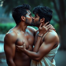 A romantic scene featuring two shirtless Indian men kissing, set against a serene and intimate backdrop