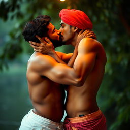 A romantic scene featuring two shirtless Indian men kissing, set against a serene and intimate backdrop