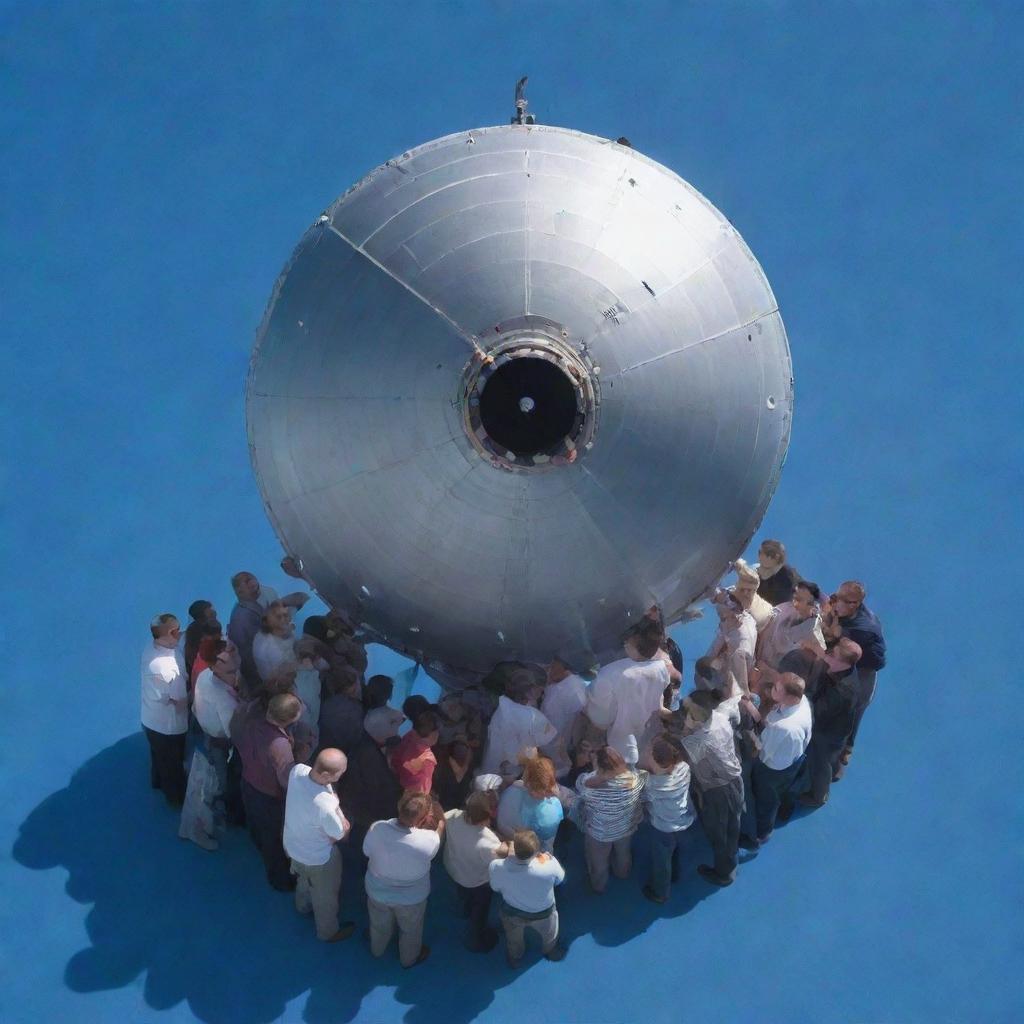 A group of people huddled around a large satellite under a bright blue sky.