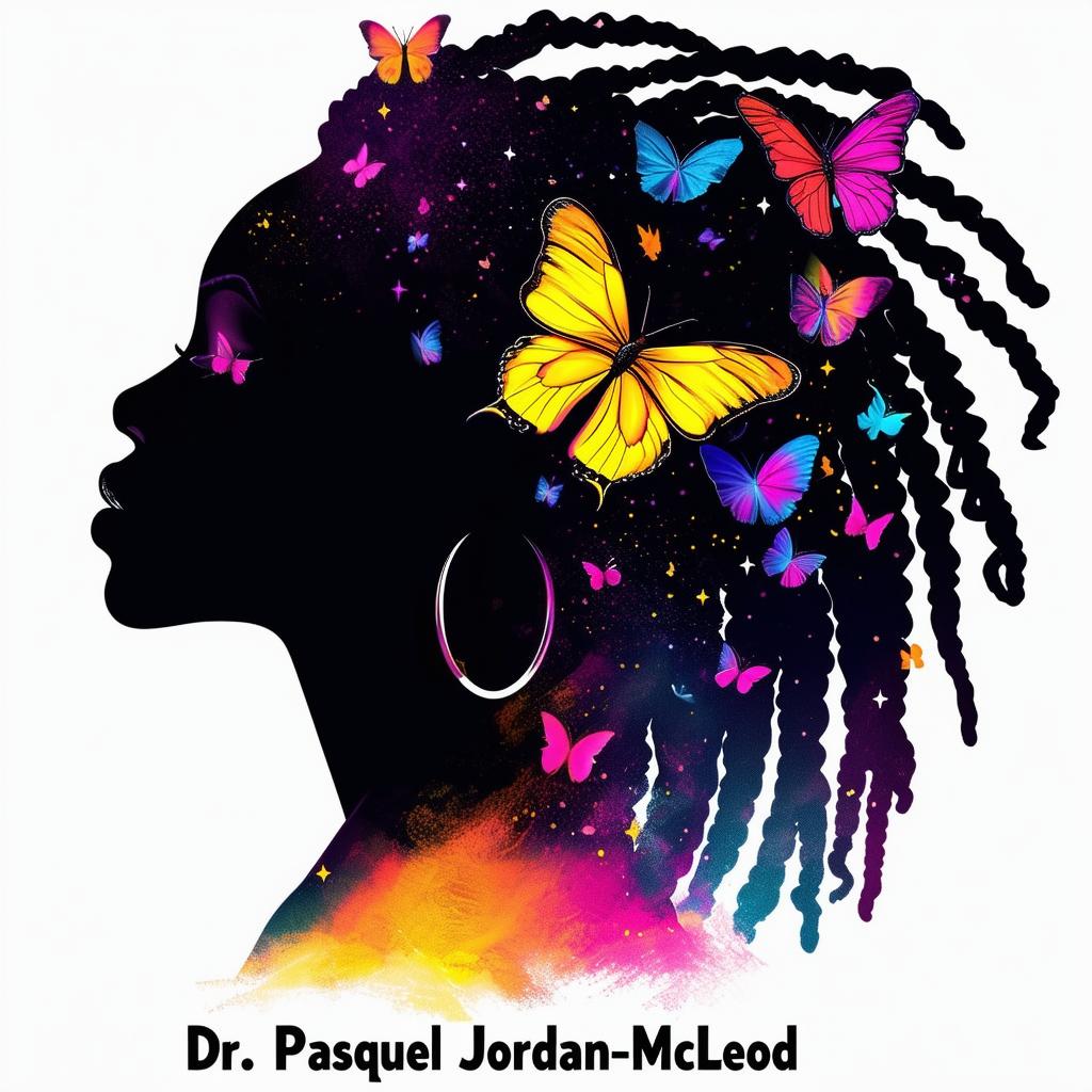 A vibrant logo for a book featuring a silhouette of a woman with dreadlocks and butterflies, with the name Dr