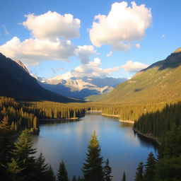 A beautiful landscape featuring a serene lake surrounded by lush green forests and majestic mountains in the background