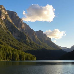 A beautiful landscape featuring a serene lake surrounded by lush green forests and majestic mountains in the background