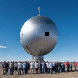 A group of people huddled around a large satellite under a bright blue sky.