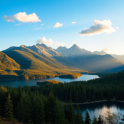 A beautiful landscape featuring a serene lake surrounded by lush green forests and majestic mountains in the background