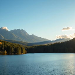 A beautiful landscape featuring a serene lake surrounded by lush green forests and majestic mountains in the background