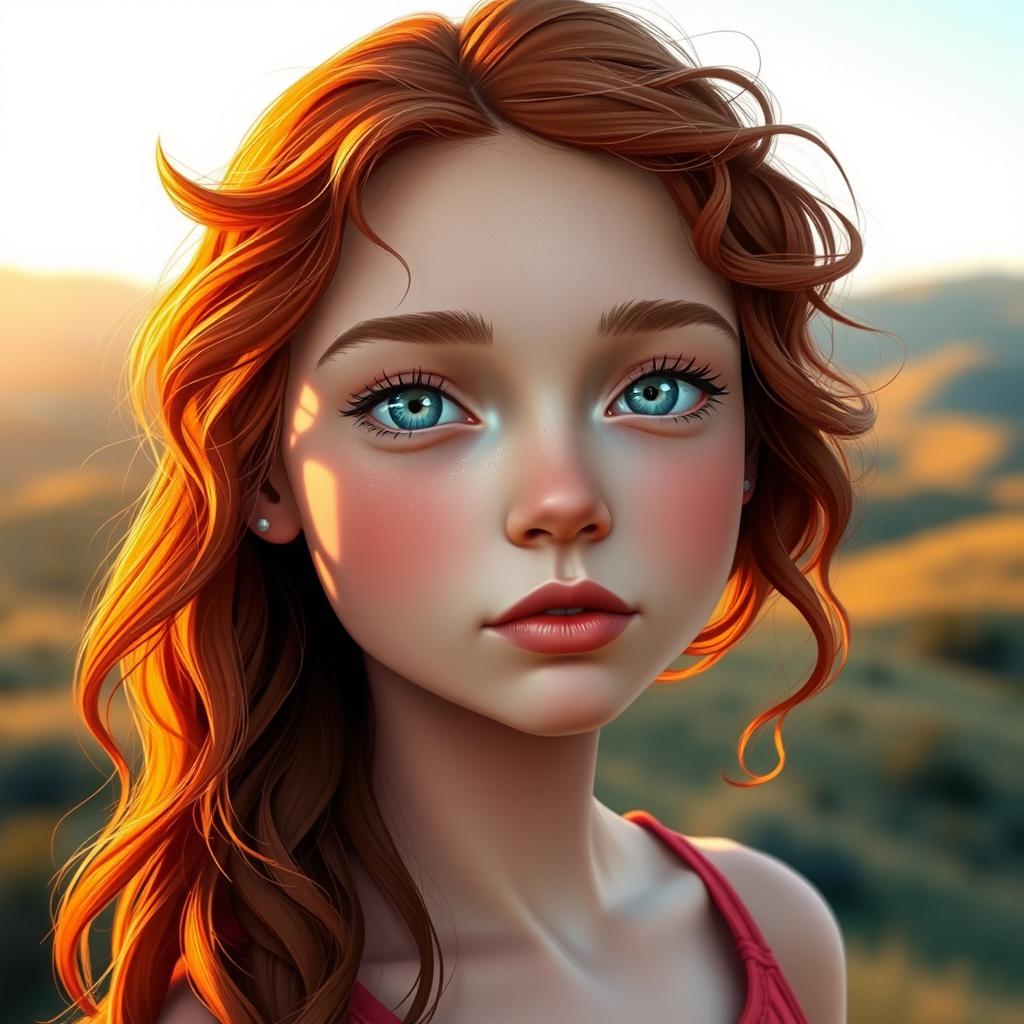 A single girl with wavy red hair, fair skin, light blue eyes, full lips, and a long face