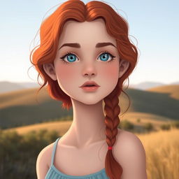 A single girl with wavy red hair, fair skin, light blue eyes, full lips, and a long face